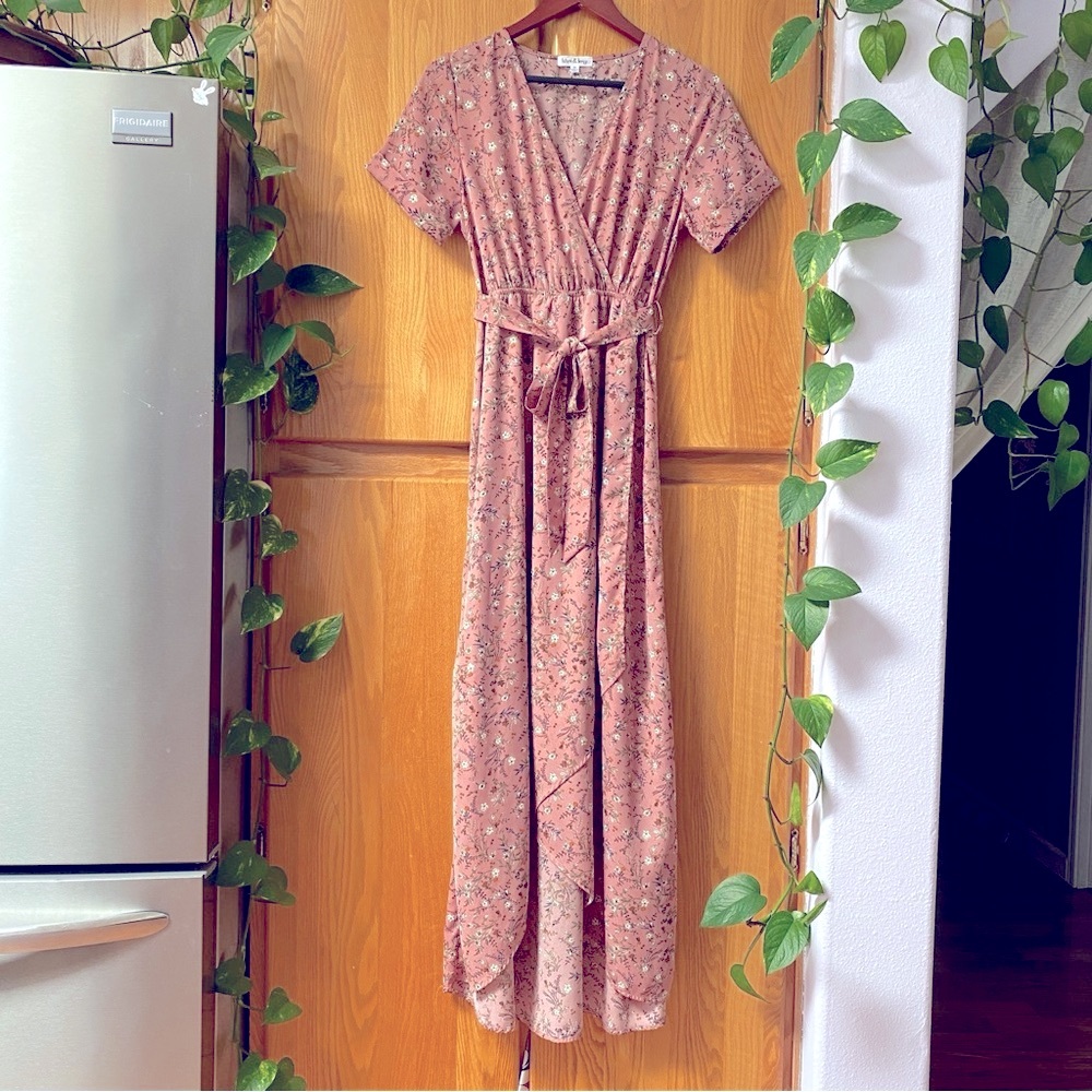 Wren & Ivory Wildflower Faux Wrap Rose Mauve Floral Boho Cottagecore Maxi Dress